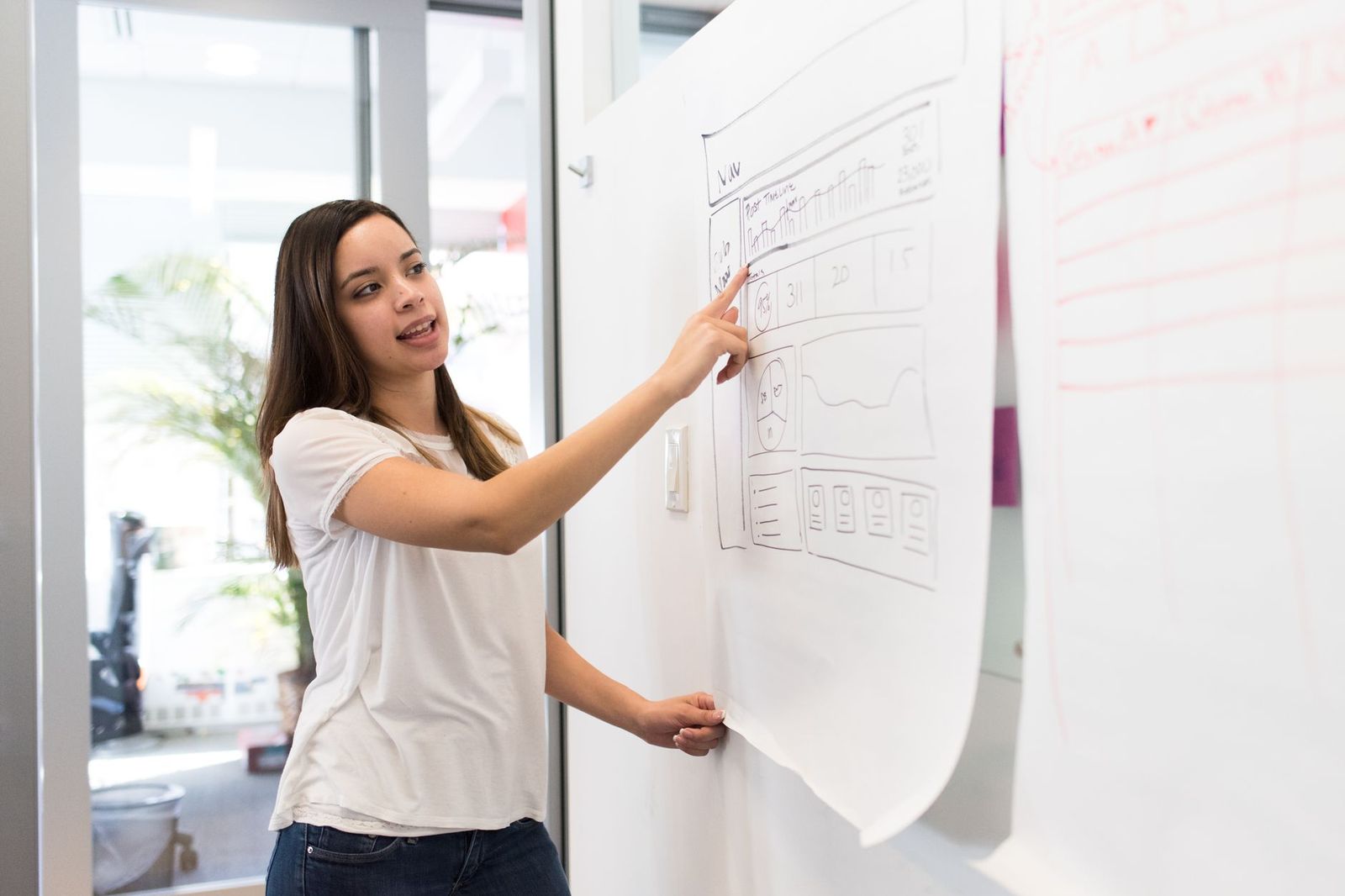 A woman points to a hand-drawn dashboard sketch taped to a whiteboard while explaining it to someone off camera