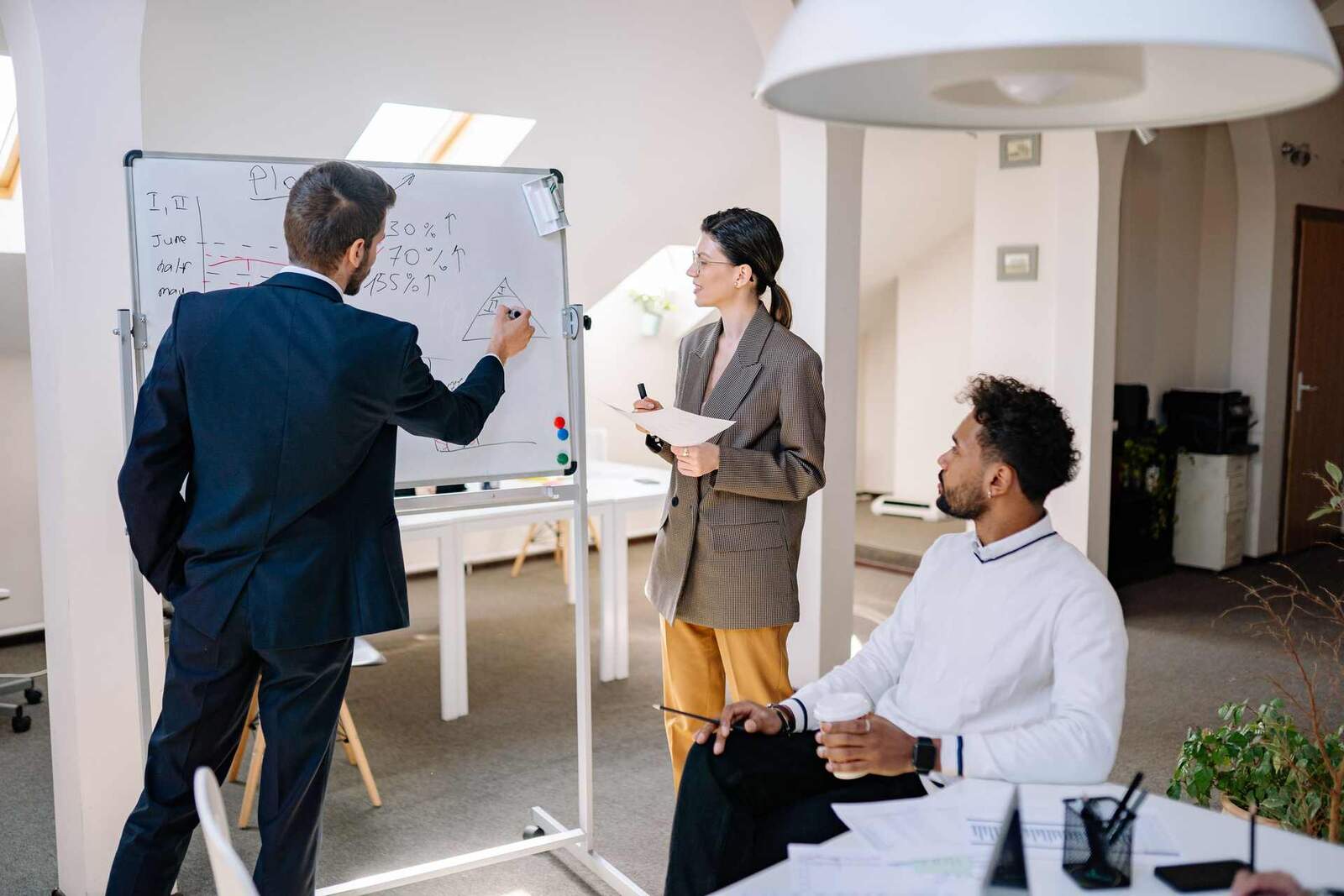 A man presents a whiteboard plan to two seated colleagues in a bright office