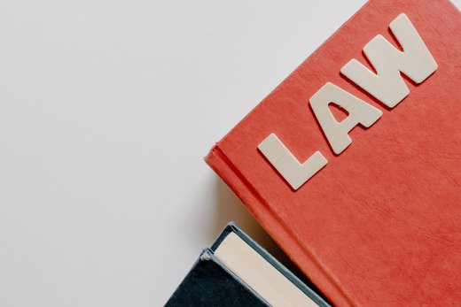 Two hardcover books, the top one embossed LAW in raised letters, stacked on a plain white surface