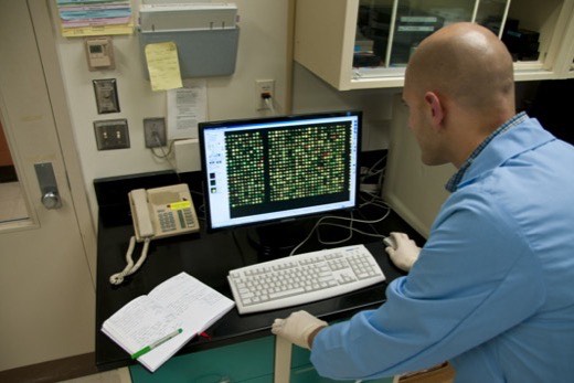 A laboratory workstation with a monitor, an open handwritten notebook, and posted reference documents